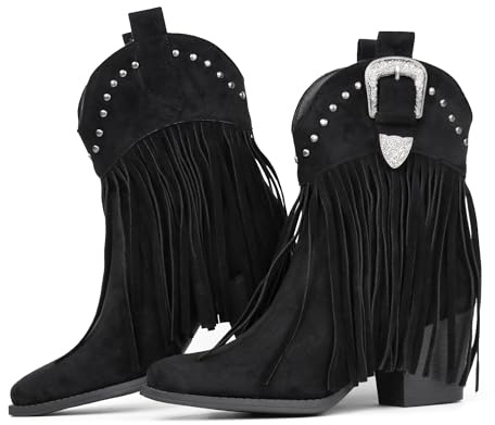 Hawkwell Stivali da cowboy da donna con frange Snip Toe, Nero , 38 EU