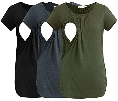 Smallshow 3 Pack Camiseta Lactancia Mujer Manga Corta T Shirts,Army Green-Black-Deep Grey,S