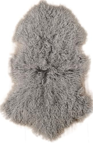Kuhfelle Online & Nomad Echtes Tibet Lammfell – Mongolisches Lammfell Weich & Lockig – Teppich – Hellgrau – 60 × 100 cm