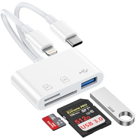 SD Kartenleser für iPhone und Android, 3 in 2 Lightning USB C SD Card Reader mit SD/TF/USB OTG Adapter, Kamera Speicherkartenleser für iPhone 17/16/15/14/13/12, i Pad, Samsung, Laptop