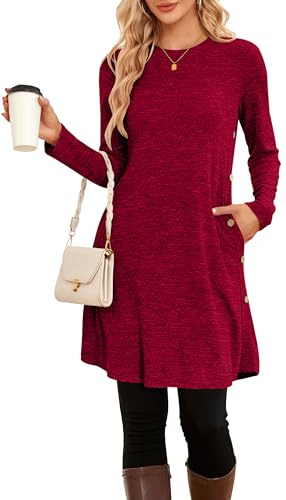 SENBATU NARRAME Abiti Invernali da Donna Midi a Maniche Lunghe con Bottoni Causali Abito a Tunica Laterale con Tasche Scozzese Medio Tinta Unita Rosso