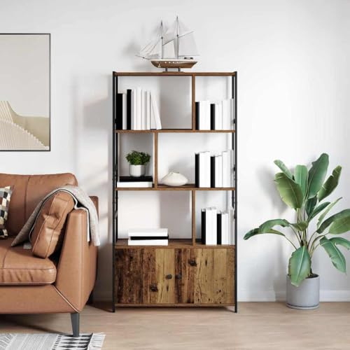 QZZCED Scaffale industriale in legno e acciaio 80 x 30 x 155,5 cm con ripiani a gradini e gambe regolabili per riporre multilivello in salotto o ufficio, struttura robusta