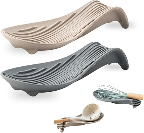 Poggia Mestolo Cucina in Silicone – Porta Mestolo, Confezione da 2 Grigio e Beige – Antiscivolo, Resistente al Calore, Anti Goccia, Facile da Pulire – Silicone Alimentare LFGB