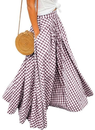 Ranphee Jupe Longue Femme Carreaux Haute Taille Maxi de Plage A-Line Skirt avec Poches Latérales