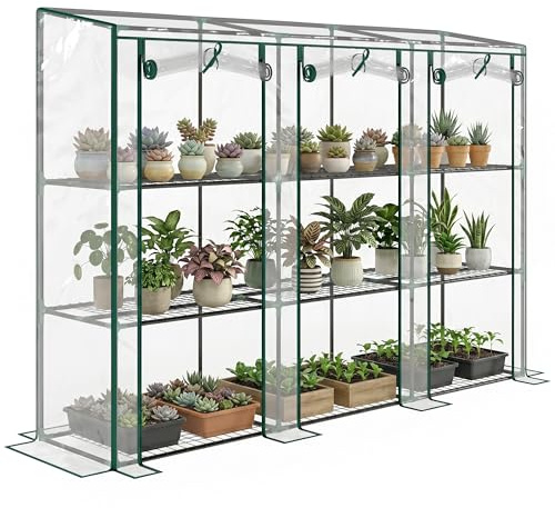 Outsunny Serre de Jardin avec Étagères 3 Niveaux 215x46x151cm Transparent | PVC, Serre de Balcon, Bâche Renforcée 140 g/m², Châssis en Acier, 2 Portes Zippées Enroulables, pour Légumes Plantes Fleurs