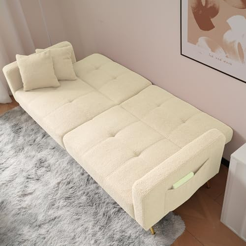 CelticHearth Bäddsoffa med sängfunktion, beige, sherpa-tyg, justerbart ryggstöd 105°-180°, gyllene ben, med kudde och sidofickor, 175 x 64 x 72 cm