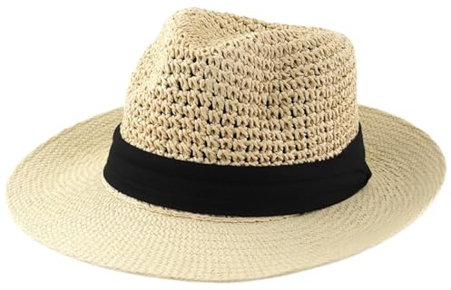 RUIXIA Straw Fedora Hat for Women Wide Brim Panama Sun Cap with Black Band Summer Crochet UV Protection Packable Beach Hat