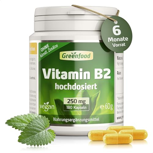 Vitamin B2, hochdosiert, 250mg - 180 Kapseln, vegan. Riboflavin – unterstützt Energiestoffwechsel, Sehkraft, Haut & Nerven. OHNE künstliche Zusätze - laborgeprüft. Von Greenfood.
