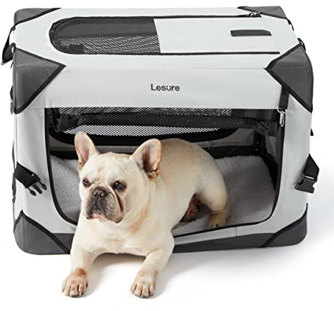Lesure Collapsible Dog Crate - Portable Travel Kennel for Small Dog, 4-Door Pet Crate with Mesh Windows, Indoor & Outdoor, Light Gray