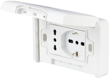 POLY POOL - PP6097X Kit encastré extérieur pré-assemblé avec double prise étanche - Prise murale externe avec prise bivalente et prise Schuko pluristandard- Prise murale avec support et vis de montage