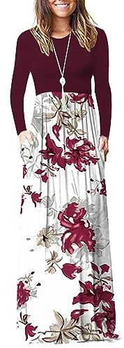 AUSELILY Damen Langarm Maxikleider Lässige Langkleider mit Taschen Winter Rote Blume Weiß XXL