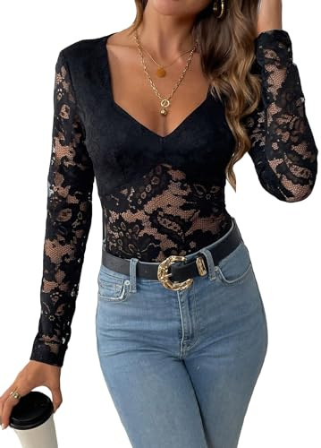 SweatyRocks Women's Sheer Floral Lace V Neck Bodysuit Long Sleeve Slim Fit Jumpsuits Black S