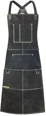 ONETIAN Tablier de soudure en cuir avec doublure douce – résistant à la chaleur, ignifuge, tablier de protection robuste avec plusieurs poches