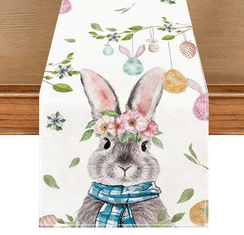 Camino para Mesa Conejo, Camino De Mesa Happy Easter Huevos de Pascua Flores Tapete para Mesa De Pascua para Primavera, Pascua, Vacaciones, Cocina, Comedor, para Decoración del Hogar 13x72In