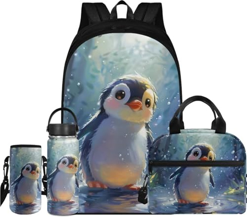 Flashideas Cute Penguin Kids Backpack Set with Lunch Box Insulated Water Bottle and Water Bottle Carrier for Middle, High School Girls
