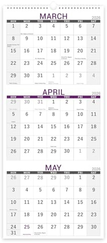 2026 Calendar - 3 Month 2026 Wall Calendar Vertical Display (Folded in a Month), January - December, 11 x 26 - Grey Green