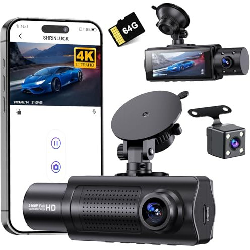 SHRINLUCK X5 4K WiFi 3-Canali Dash Cam Auto, 2160P+1080P+1080P FHD Tripla Dashcam Auto, Telecamera Auto 360° su tutti i lati, Scheda SD 64G Gratuita,G-Sensor,WDR,Visione Notturna,Monitor di Parcheggio