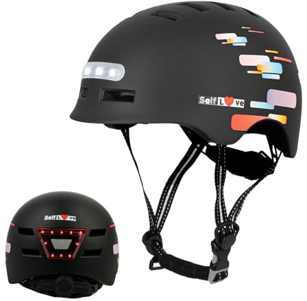 Casco da bici con faro LED integrato e luce posteriore, casco da bici leggero per adulti, uomini e donne (Nero-Nuovo, Taglia media (55 cm-58 cm))