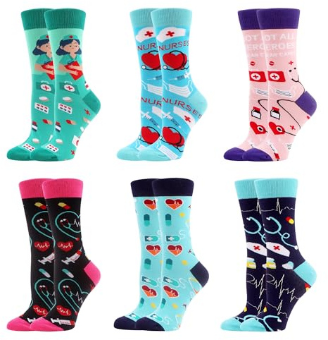 WeciBor Calzini Donna Fantasia in Cotone Colorato, 6 Paia Multicolore Infermiera Tema, 35-38
