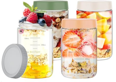 Yuehuamech 4 tarros de avena nocturna con tapas de 750 ml, a prueba de fugas, recipientes de vidrio para almacenamiento de alimentos, contenedor de avena con marcas de medición para ensalada