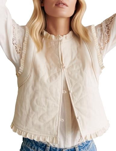 VATEAMI Womens Cropped Quilted Vest Sleeveless Ruffle Trim Vest Lightweight Button Down Outwear (Apricot-L)