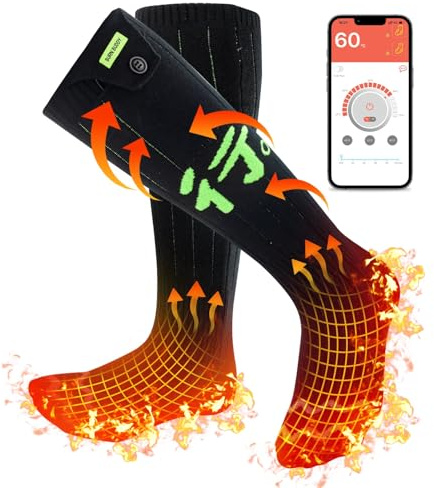 Calcetines Calefactables, Calcetines Termicos Eléctricos para Mujeres Hombres con 4 Modos de Temp, Calentador Pies Recargables con Control de Aplicación para Senderismo al Aire Libre/Esquí/Caza, XL