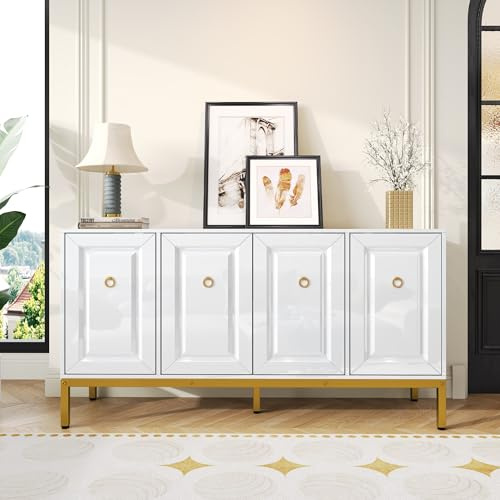 Credenza 140×80×40cm elemento di stoccaggio ad alta lucentezza con manici dorati e gambe con ripiani