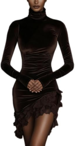 Mini abito da donna in velluto, elegante dolcevita con orlo in pizzo, abito aderente asimmetrico con volant vintage, Marrone, S