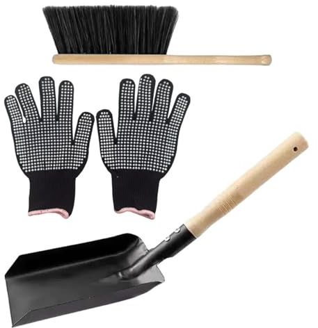 3 unids/set pala para chimenea con escoba para chimenea y guantes pala para cenizas de Metal con mango de madera para hoguera, hogar, escoba para estufa de leña