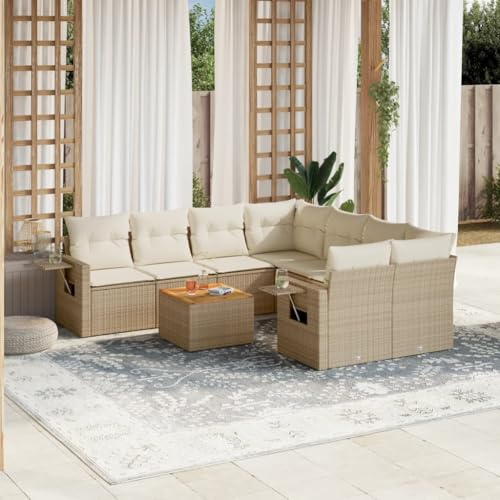 YUTAASU Set di divani da giardino da 9 pezzi con cuscini beige, in polyrattan, set modulare con tavolino e ripiani, mobili durevoli in rattan sintetico per terrazza, esterni, gruppo di sedute