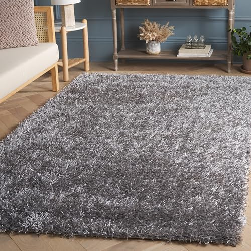 Safavieh Alfombra Shag Sala de Estar, Comedor, Dormitorio - New Orleans Shag Collection, Pelo Largo, Gris y Gris, 152 X 152 cm