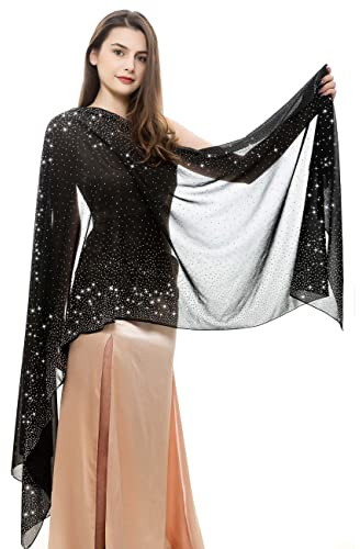 REEMONDE Womens Pashmina Shawls and Wraps for Evening Dresses Chiffon Bridal Shawl for Wedding Dressy Rhinestones Sparkly Scarf (Black)