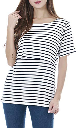 Smallshow Tops de enfermería Camisas de Manga Corta de Maternidad para Mujeres Ropa de Lactancia Materna White Stripe XX-Large