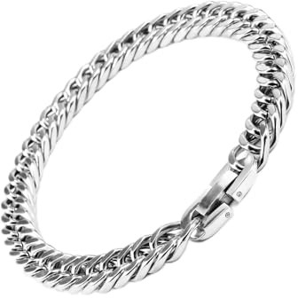 VGWON Bracciale Cubano in Acciaio Inox 316L per Uomo con Chiusura | Argento Nero Bracciale Cubano Solido in Argento con Taglio a Diamante 8mm, Regali di Gioielli per Uomo