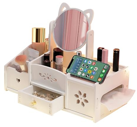 Naturezhen Make Up Organiser, Organizer Trucchi con Cassetti Specchio, Multiuso Organizzatore Trucchi per gioielli, spazzole, rossetto e creme, cosmetici per Comò, Camera da Letto