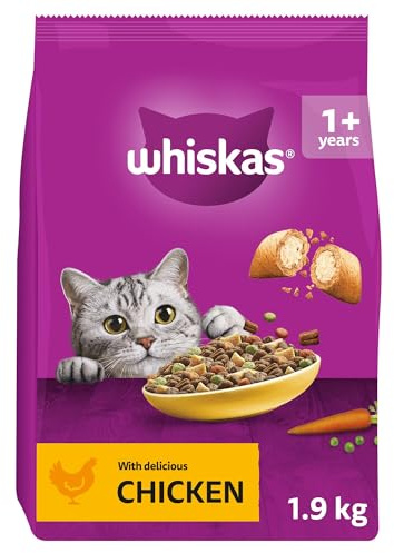 Whiskas 1+ Chicken Pack of 4 x 1.9 kg Bags, Adult Cat Dry Food