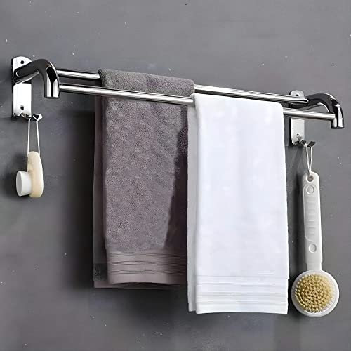 yozhch Bathroom Towel Holder Chrome Towel Rack Wall Mounted Stainless Steel Double Towel Rail with Hooks (Silver-23In)