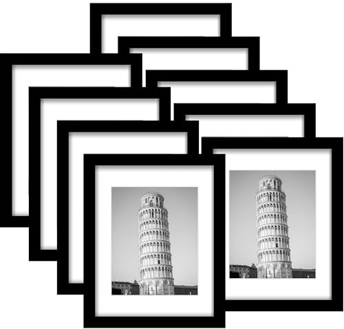 Wiscet 11x14 Picture Frame Set of 9, Display Pictures 8x10 with Mat or 11x14 Without Mat, Photo Frame for Wall Mounting or Tabletop Display, Black.