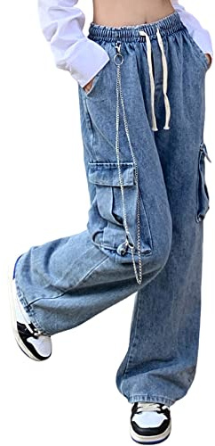 Veryin Baggy Jeans Pantaloni Cargo per Le Donne Fidanzato Rilassato Fit Jeans Gamba Dritta con Tasche Cargo Pantaloni da Lavoro con Catena