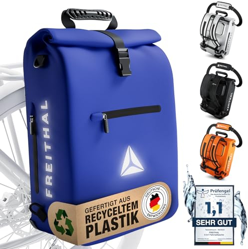 FREITHAL - 3in1 Fahrradtasche Rucksack [25L] Verwendbar als Gepäckträgertasche, Rucksack & Umhängetasche - 100% wasserdichte & Reflektierende Fahrradtasche - Mit 16 Laptopfach - Blau