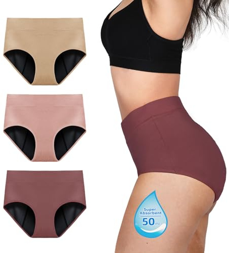 TIICHOO Bragas Menstruales Absorbentes Ropa Interior Mujer Periódico Braguitas de Protección Reglas Prueba de Fugas Lot de 3 (XXL, Marrón/Oro Rosa/Beige)