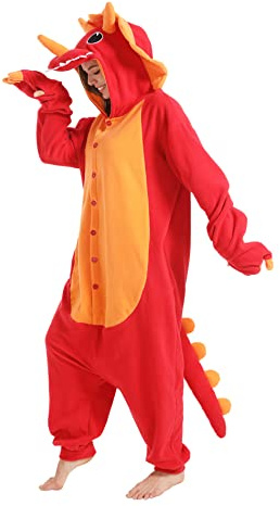 dressfan Unisexe Triceratops Pyjama Combinaison Adulte Animal Onesie Vêtements de Nuit,Carnaval Costume Cosplay Vêtements de Halloween,Cadeaux de Noël pour Femmes Hommes,Rouge,M