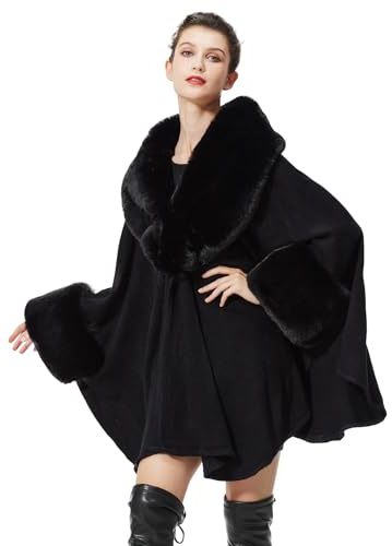 BEAUTELICATE Knitted Cape Coat Women’s Stylish Cardigan Knit Cloak Poncho Shawl Wrap with Faux Fur Collar for Autumn Winter Wedding Bride Bridesmaids(One Size, Black)
