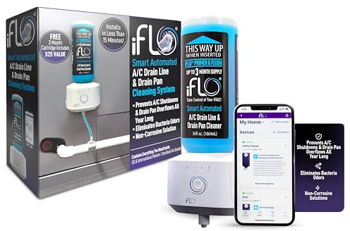 iFLO Smart A/C dräneringslinje och dräneringsgrengörare för HVAC-system, träfri, enkel installation och appstyrd luftkonditioneringsunderhåll, inkluderar 1 000 ml rengöringskronett, 3 månaders