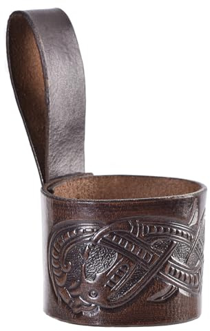 Ulfberth Support en cuir pour corne à boire avec dragon en relief, style gelée, porte-ceinture pour cornes à boire, porte-corne à boire, viking médiéval (style gelée, marron foncé, L (0,4 l/0,9 l))