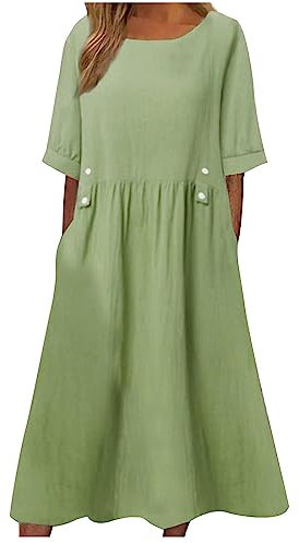 Women's UK Clearance Summer Cotton Linen Midi Dress - Short Sleeve With Pocket, Baggy Casual Pleated, Plain Oversized, Solid Holiday Party Beach Elegant Shift Sundress