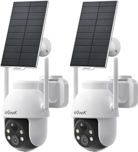 ieGeek 2 st 2K 3 MP övervakningskamera utomhus sol, 360° PTZ kamera utomhus batteri, 2,4 GHz trådlös övervakningskamera med PIR rörelsedetektor, färgmörkerseende, 2-vägs ljud