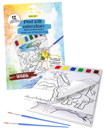 Online Malblock mit Wassermalfarben für Kinder ab 3 4 5 6 7 Jahren, Aquarell-Malpapier mit Farben und Pinseln, 12 verschiedene Designs Wildtiere, Wasserfarben Malbuch, Kleinkinder, JungenI Mädchen