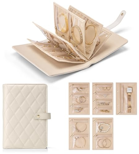VLANDO Travel Jewelry Organizer Case,Large Jewelry Storage Book Ring Binder with Clear Zipper Velvet Jewelry Pouches Bags for Rings,Bracelet,Earrings-Cream White