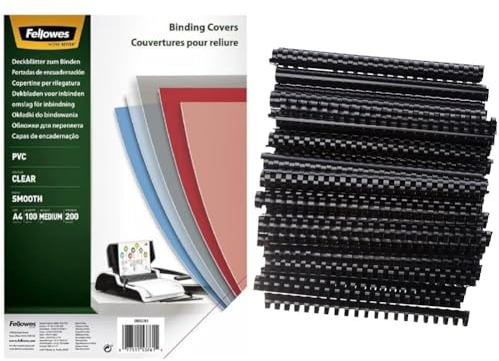 Fellowes Klarsicht Deckblatt aus PVC, A4 Format, 200 mic Stärke & Peach Plastikbinderücken A4-22mm - 210 Blatt - 50 Stück - schwarz - PB422-02